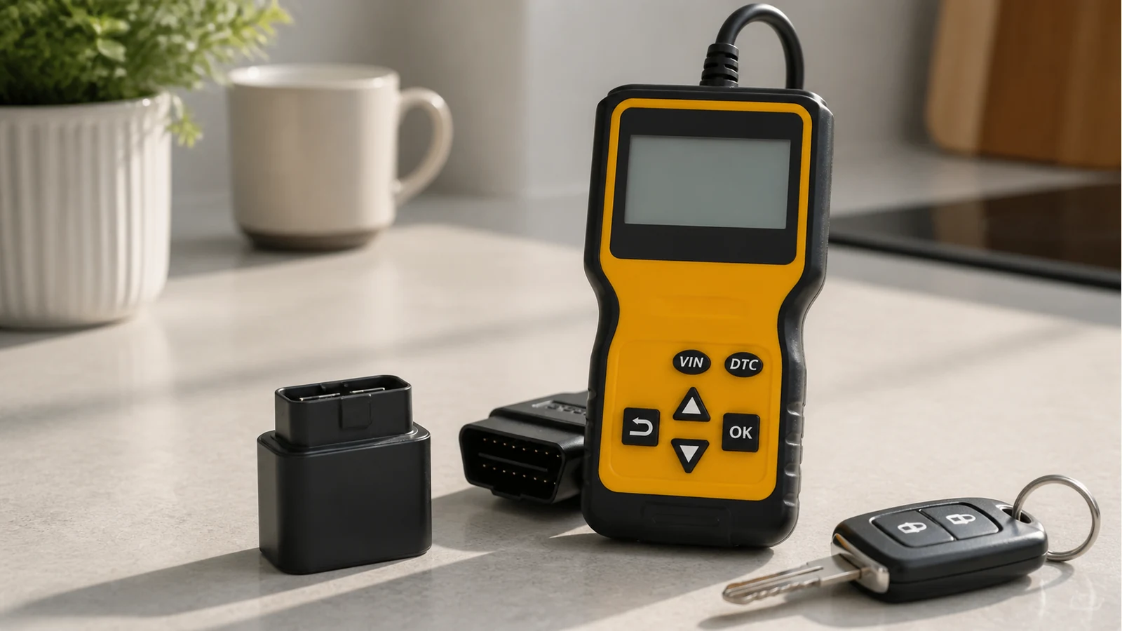 Handheld OBD2 scanner compared with a Bluetooth OBD dongle on a home worktop