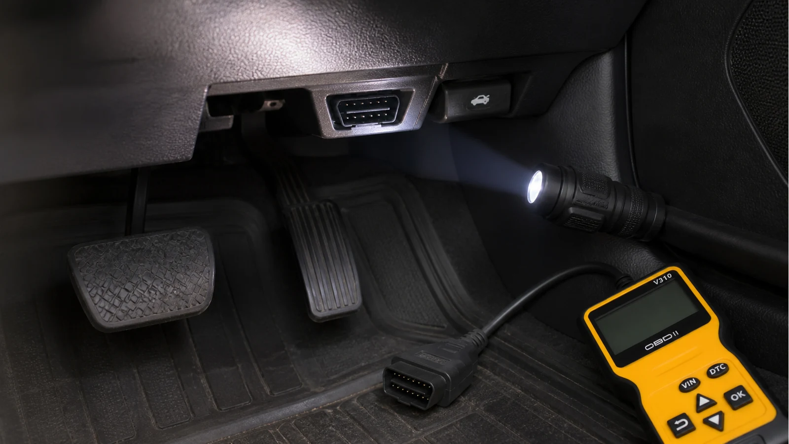Torch illuminating a 16-pin OBD2 diagnostic port under the dashboard of a UK right-hand-drive car