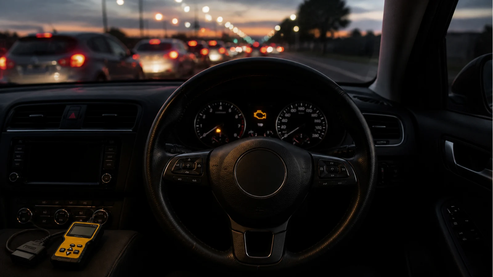 Dashboard close-up showing a flashing amber engine management warning light in a UK right-hand-drive car