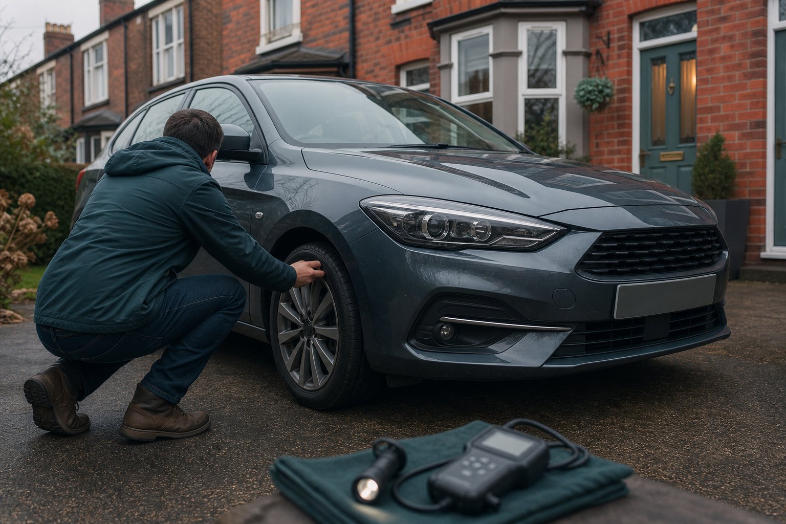 Driver kneeling on a UK driveway checking tyre tread before an MOT, with a handheld OBD2 scanner nearby