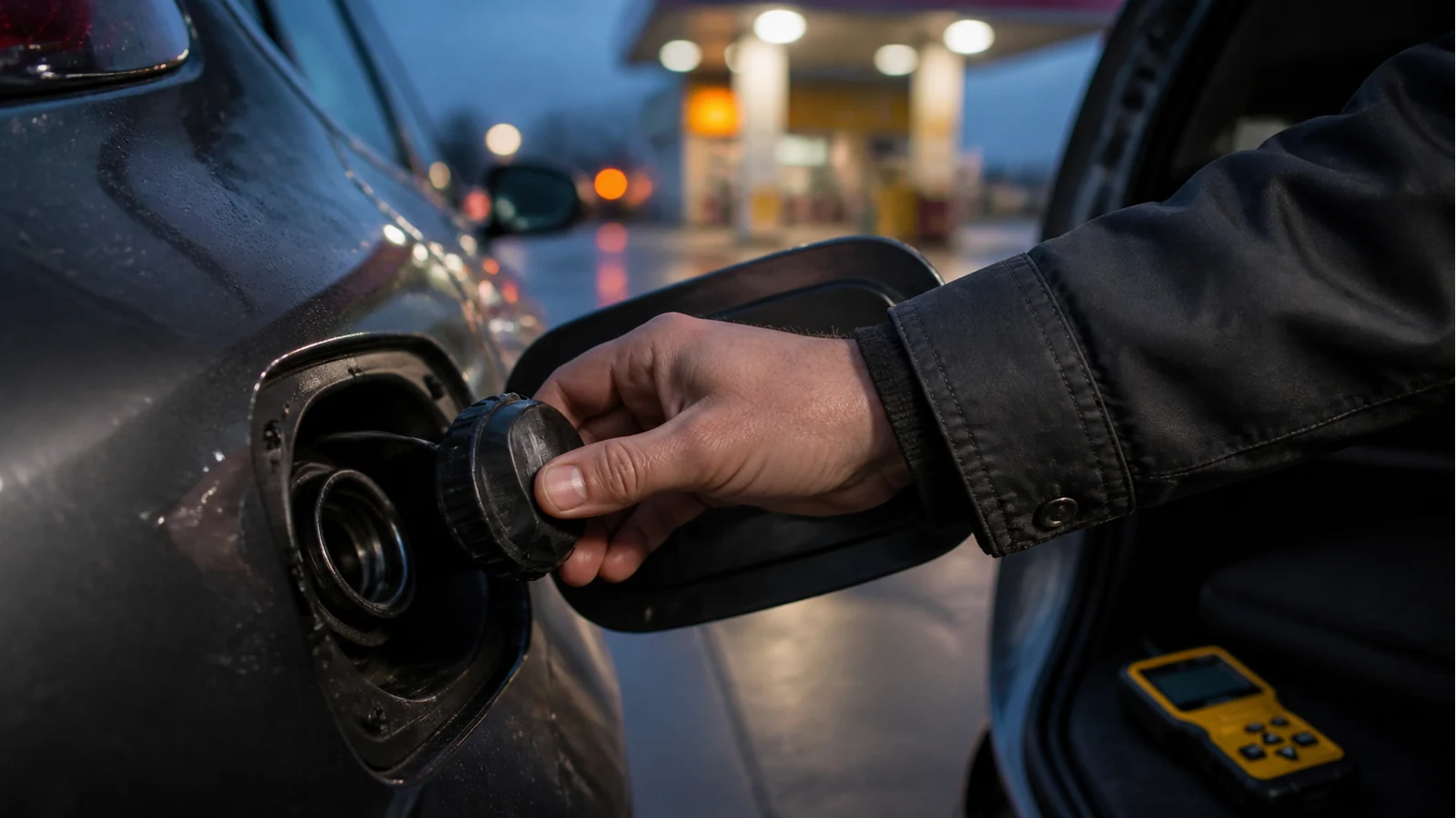 Driver tightening a car fuel filler cap at a UK petrol station after refuelling