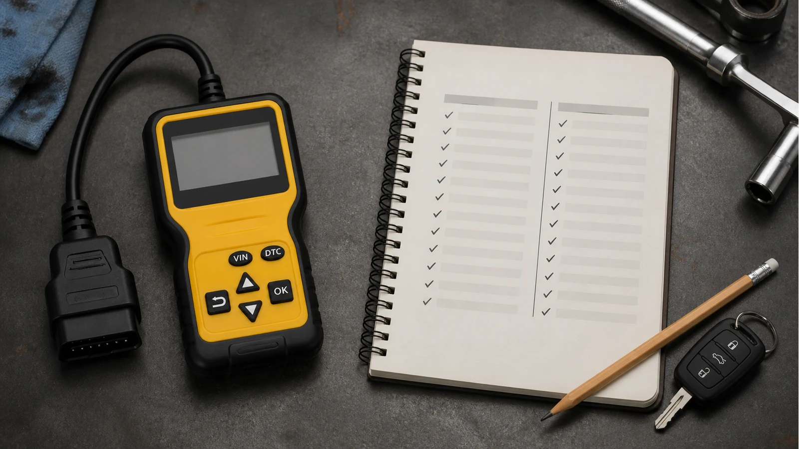 Handheld OBD2 code reader next to a notebook comparing pending and stored fault codes