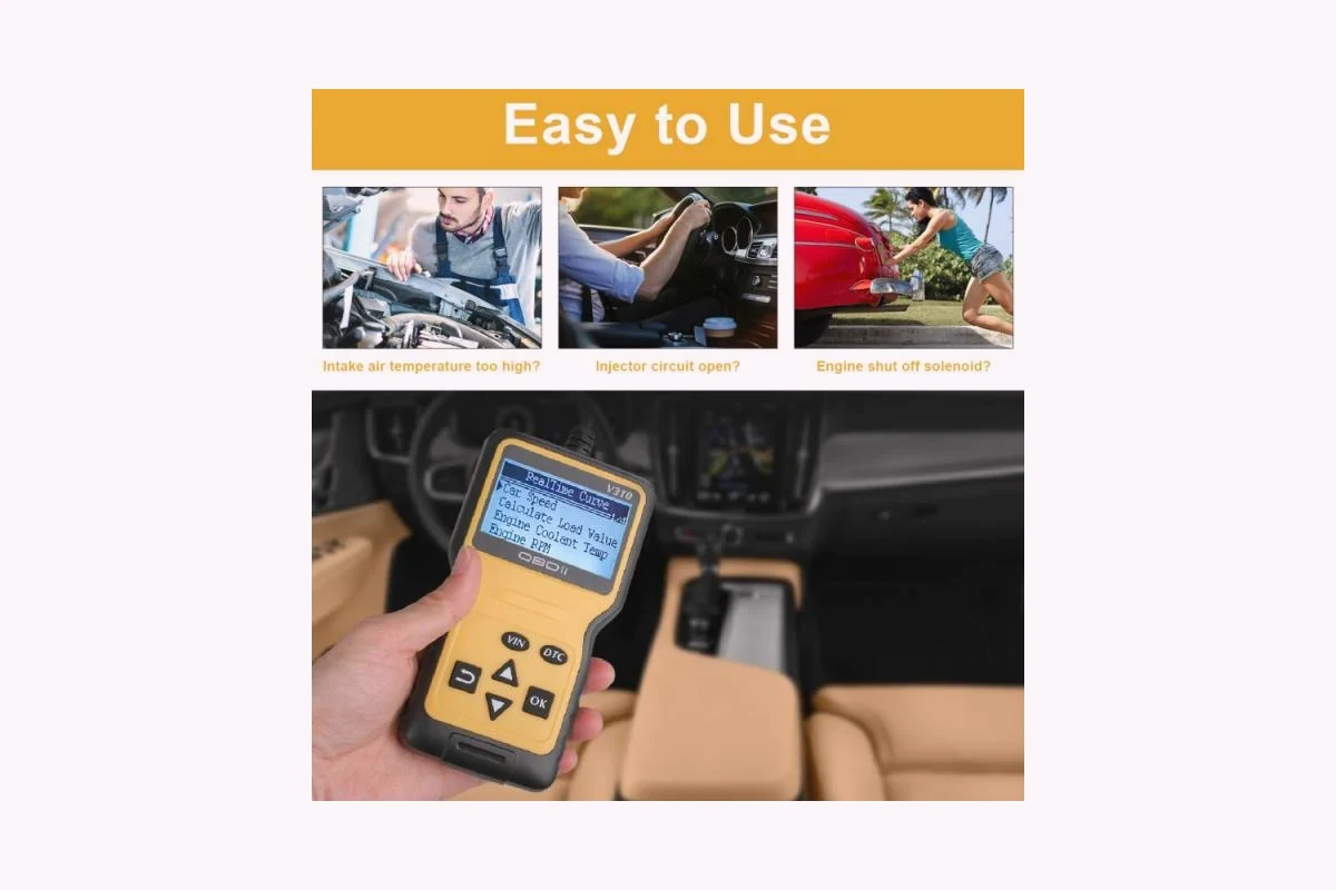 Easy to use V310 OBD2 car scanner for reading vehicle diagnostic data from the driver seat