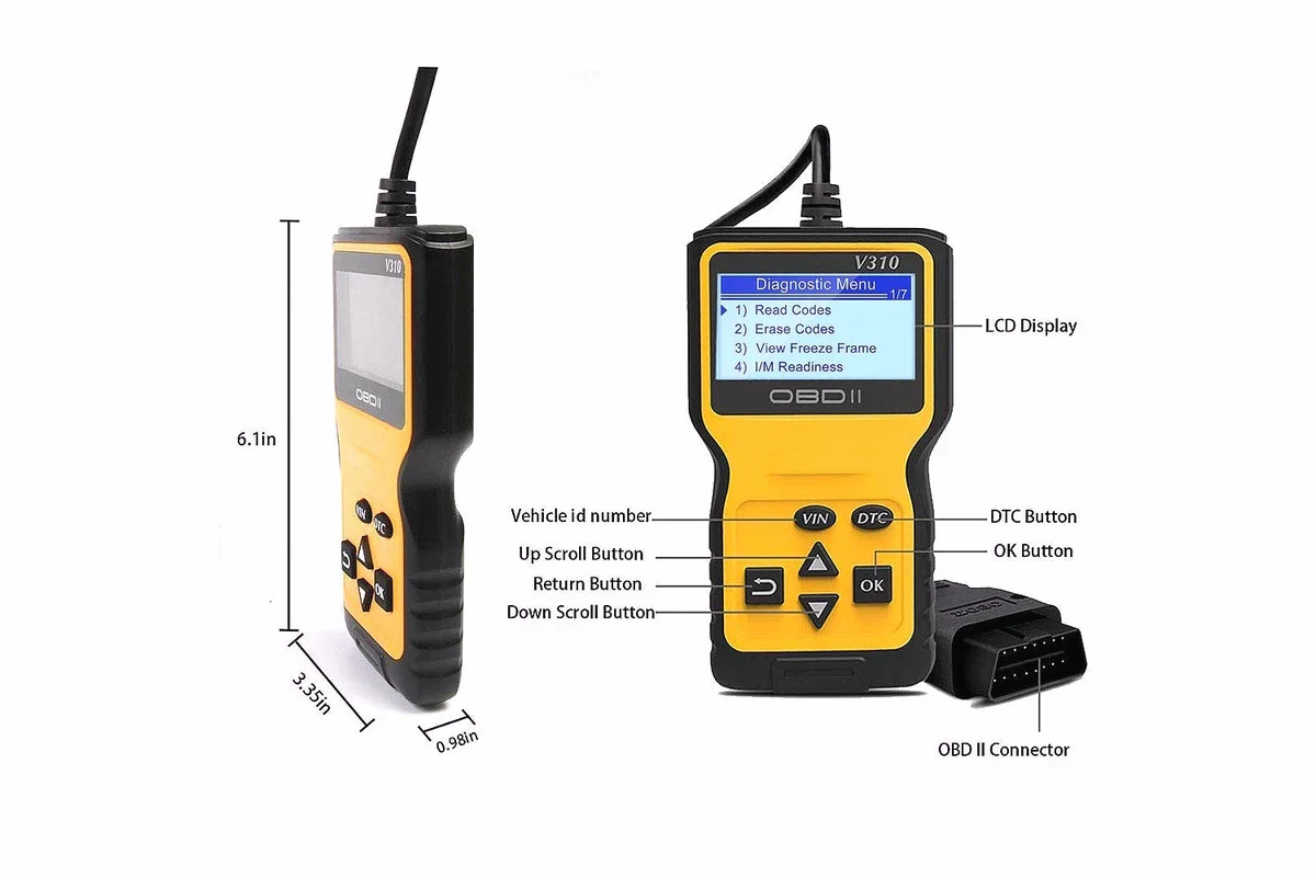 V310 OBD2 code reader size diagram showing LCD screen buttons and diagnostic connector