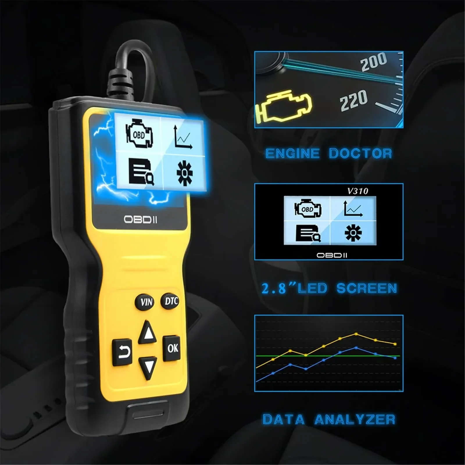 V310 OBD2 engine fault code reader with LCD screen and live data analyser display