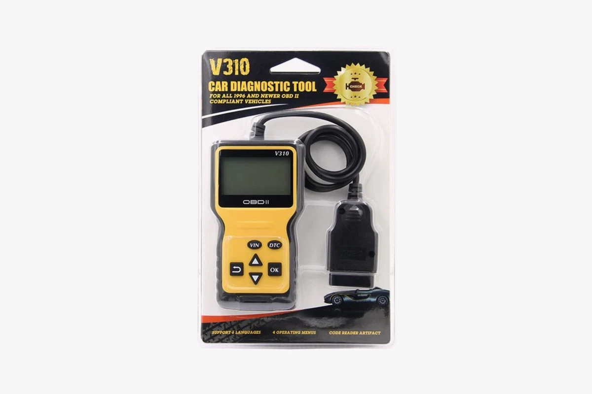 Retail package for V310 OBD2 car diagnostic scanner with code reader and OBD2 connector cable