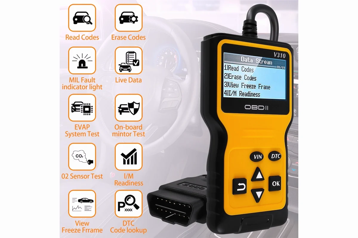 V310 OBD2 scanner functions including read codes erase codes live data I M readiness and VIN lookup